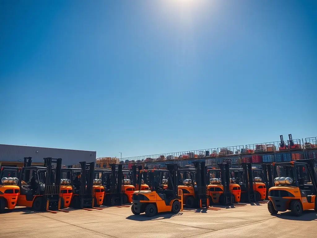 A spacious yard displaying various forklifts and warehouse equipment.