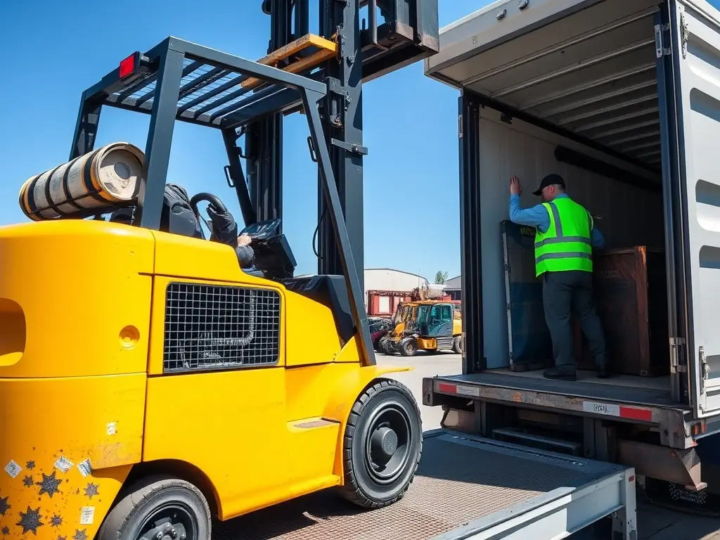 A close-up of a yellow forklift being loaded onto a truck.