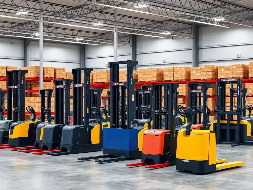 A collection of warehouse equipment such as pallet jacks, stackers, and reach trucks.