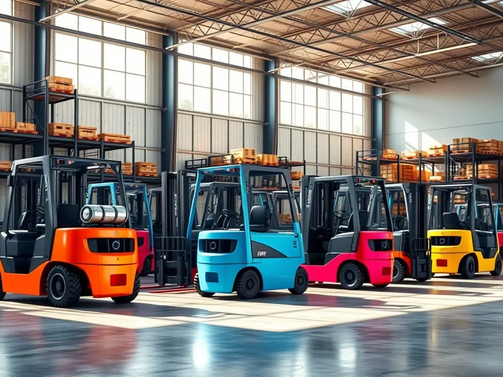A vibrant display of various forklifts and warehouse equipment in a spacious storage area.