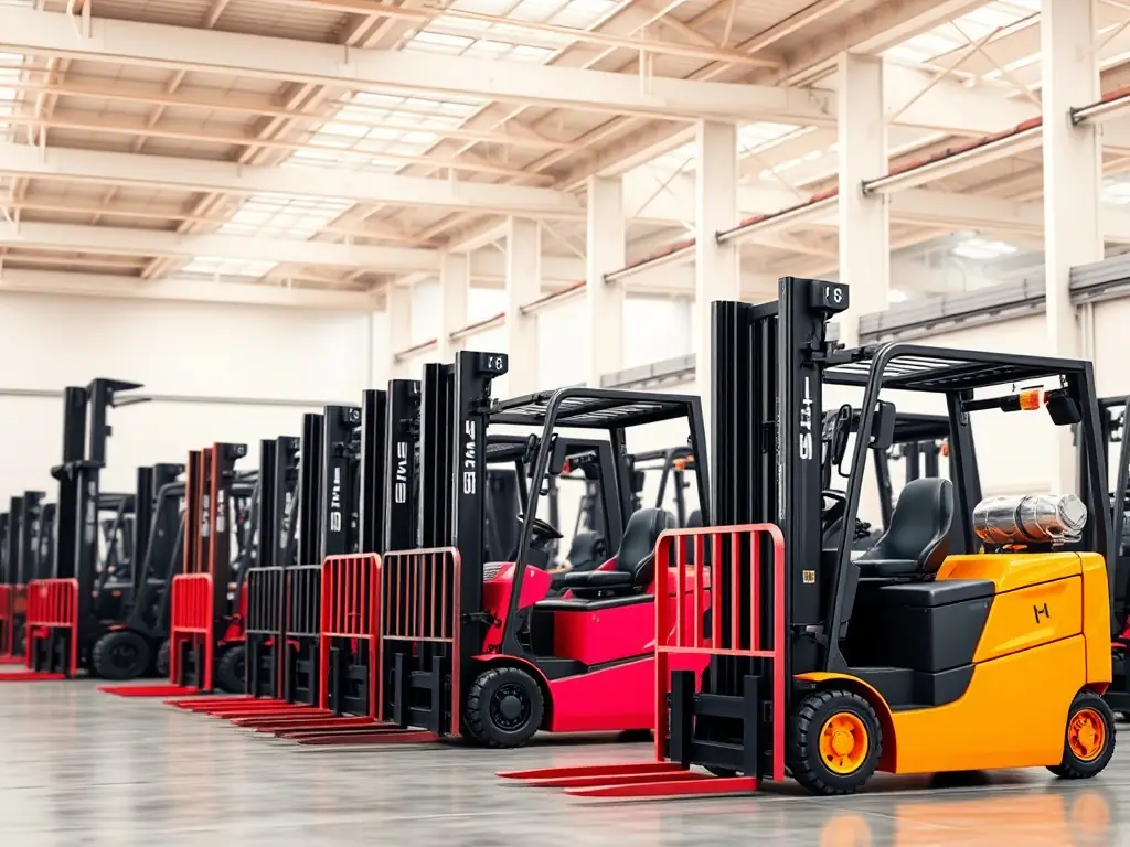 A variety of forklifts including electric, LPG, and diesel models lined up in a warehouse.