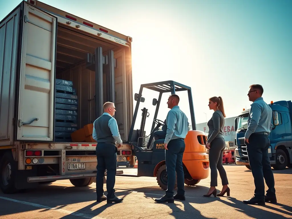 A professional team loading a forklift onto a truck in a bright yard.